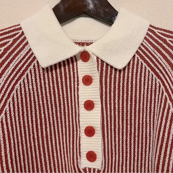 Vince Camuto contrasting ribbed knit henley pullover sweater, red and cream,sz M - Picture 10 of 13